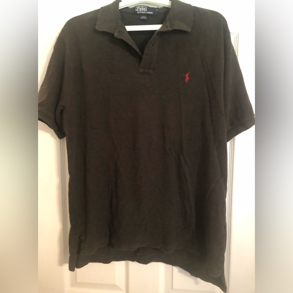 Polo by Ralph Lauren Men's Heather Black Polo Shirt with Pink Logo size Large